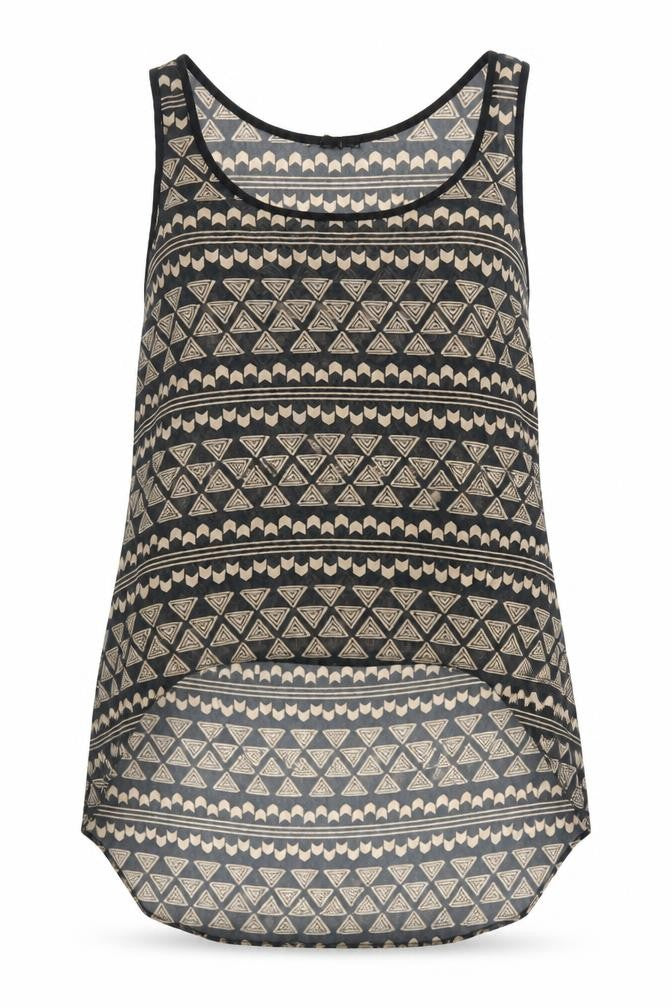 Front view of Forever 21 women’s black geometric polyester basic tank, size S, round neck