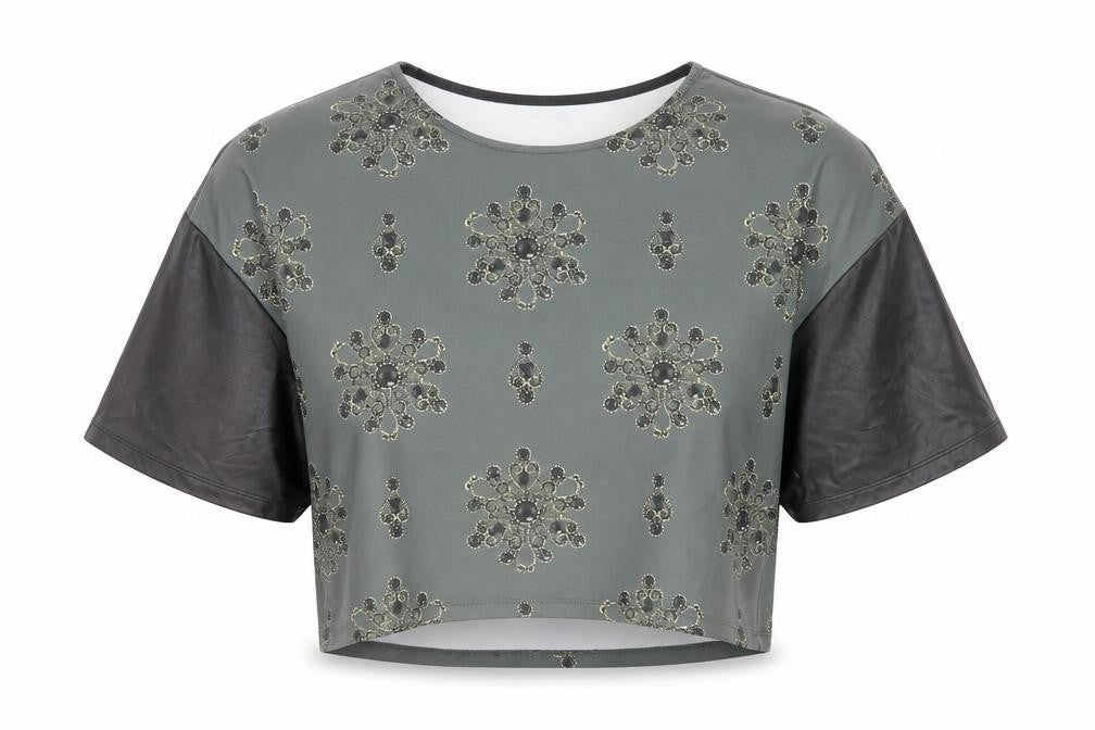 Front view of Damned Delux women’s green geometric polyester basic blouse, size UK 10, round neck