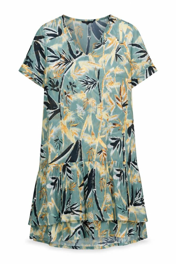 Front view of Label Lab women’s green geometric polyester shift, size UK 8, v-neck pullover