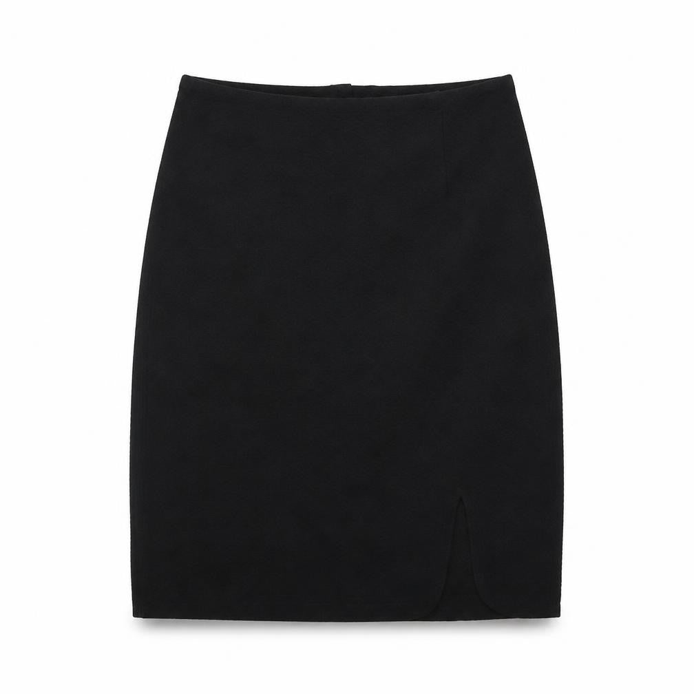 Front view of Uttam Boutique women’s black polyester a-line skirt, size UK 8, zip