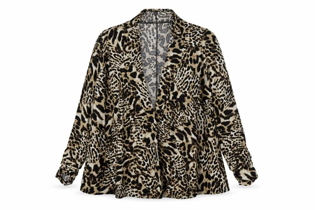 Front view of Simon Jeffrey women’s beige animal print kimono jacket, size UK 8, - leopard print