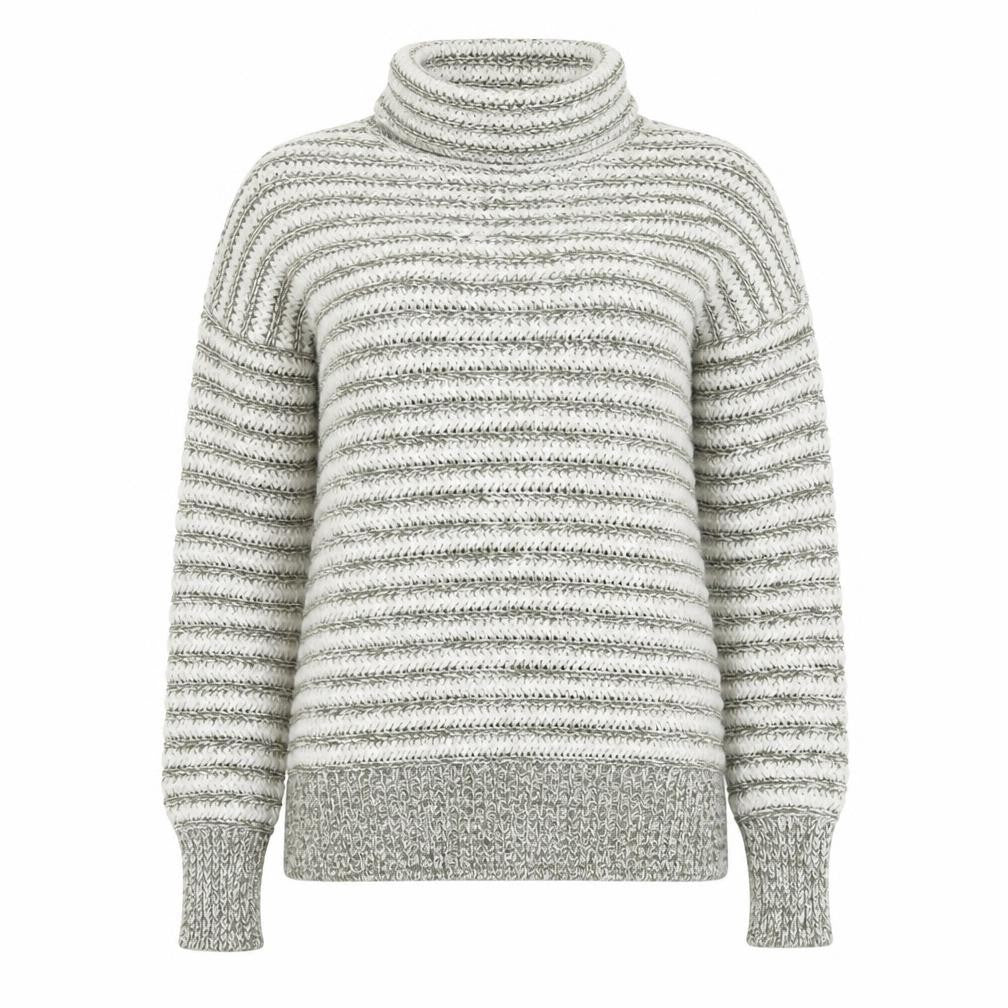 Front view of M&Co women’s grey roll neck striped cotton jumper, size UK 14