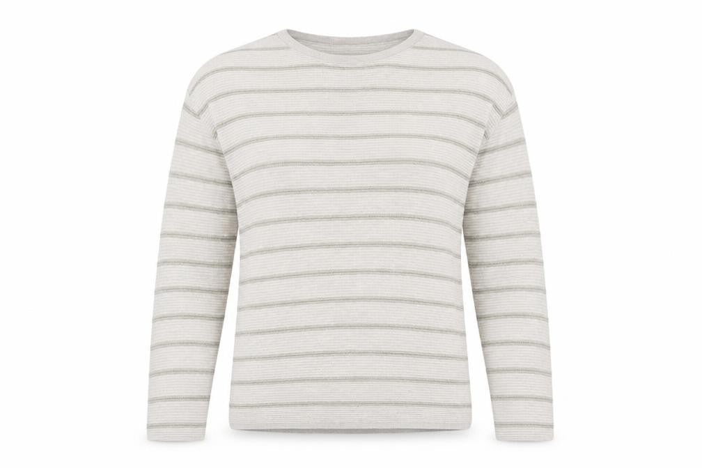 Front view of Canda women’s beige round neck striped cotton jumper, size S