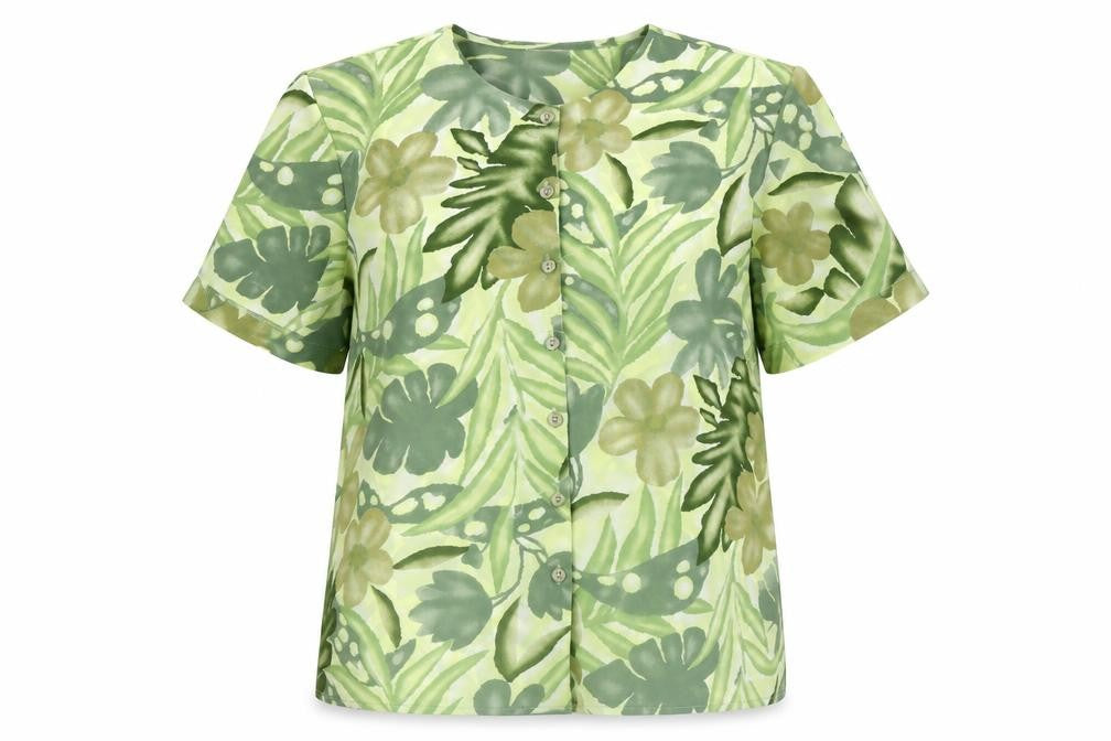 Front view of Citylife women’s green geometric polyester basic button-up, size UK 10, round neck - leaf print