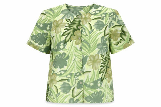Front view of Citylife women’s green geometric polyester basic button-up, size UK 10, round neck - leaf print