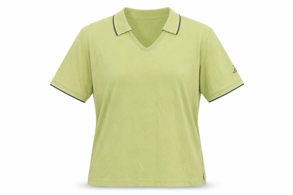 Front view of Lizgolf women’s green cotton basic t-shirt, size M, collared