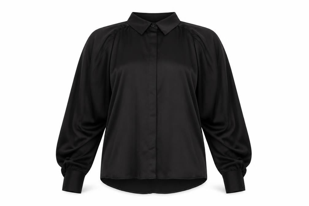 Front view of Boohoo women’s black polyester basic button-up, size UK 10, collared