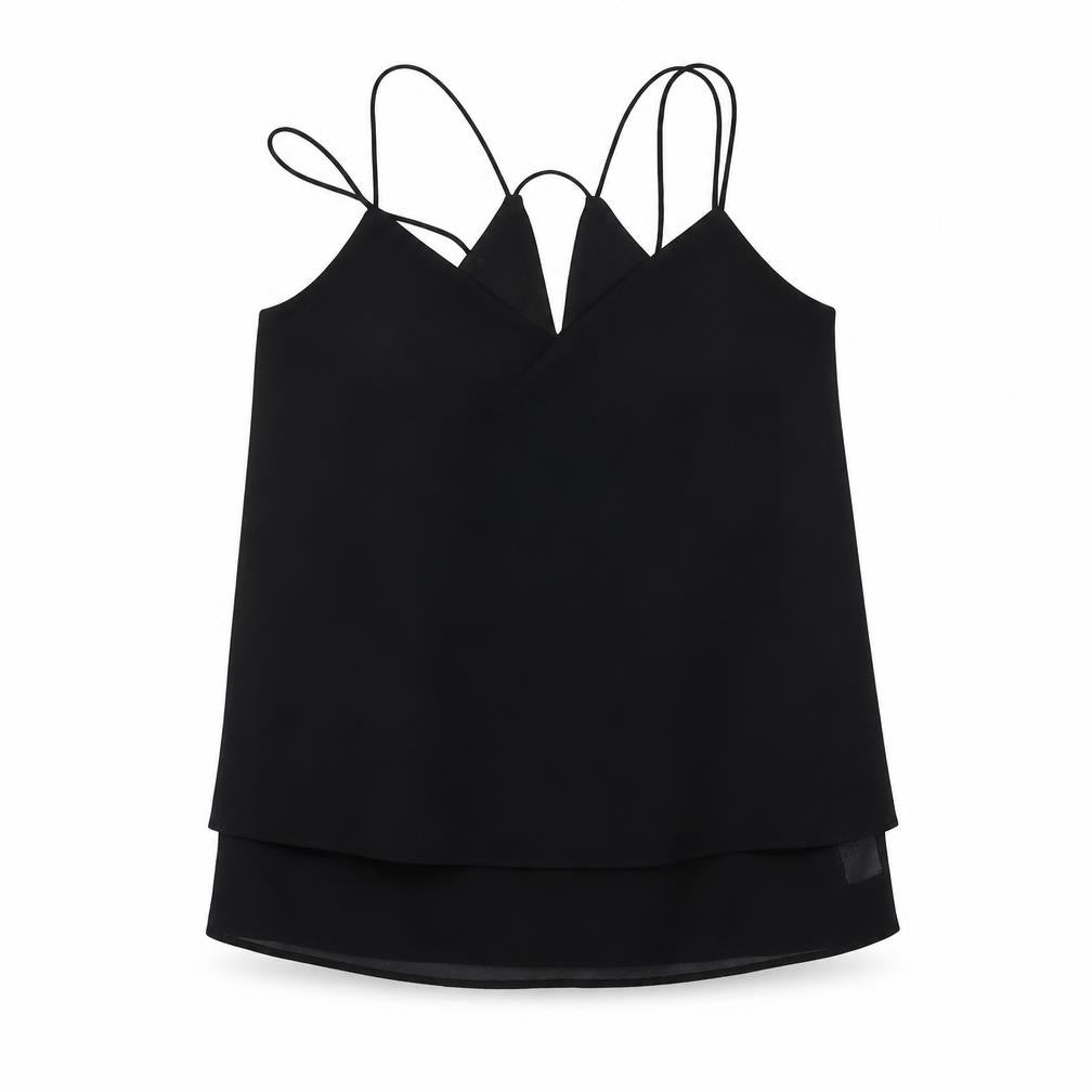 Front view of New Look women’s black polyester basic tank, size UK 10, v-neck