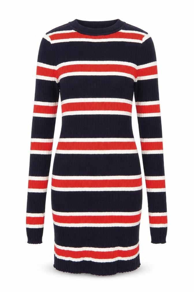 Front view of Divided by H&M women’s multicoloured round neck striped cotton jumper, size UK 4