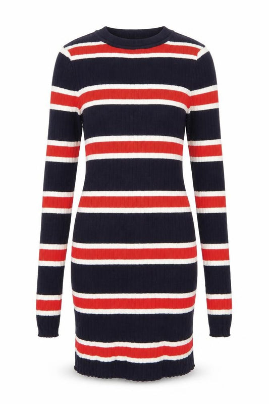 Front view of Divided by H&M women’s multicoloured round neck striped cotton jumper, size UK 4