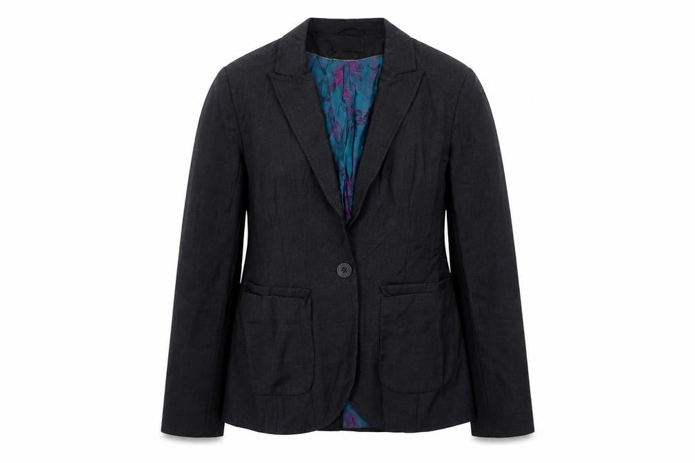 Front view of Marks & Spencer women’s black herringbone wool jacket blazer, size UK 10