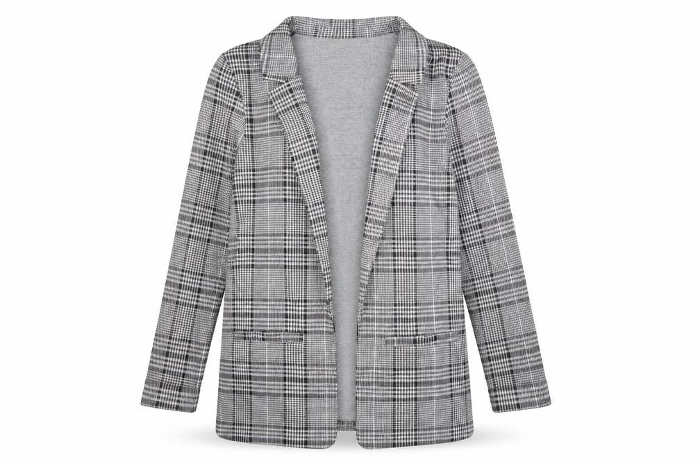 Front view of Divided women’s black plaid polyester jacket blazer, size S, - open