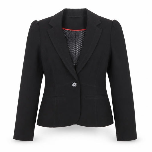 Front view of New Look women’s black polyester jacket blazer, size UK 10