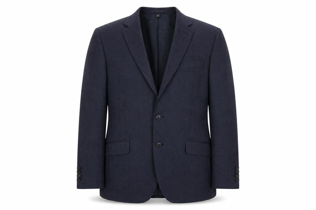 Front view of Marks & Spencer men’s blue striped polyester jacket suit jacket, size 42, regular