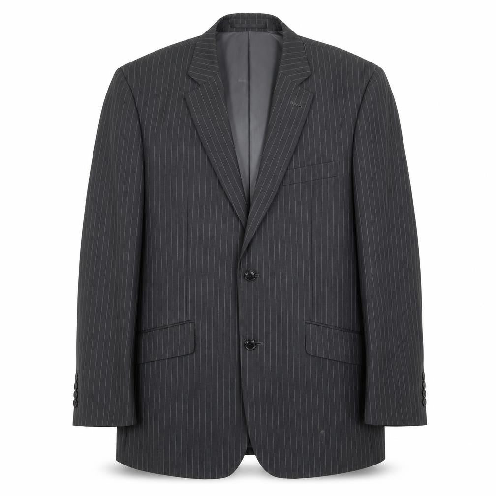 Front view of Charlton Grey men’s grey striped polyester jacket suit jacket, size 42, regular