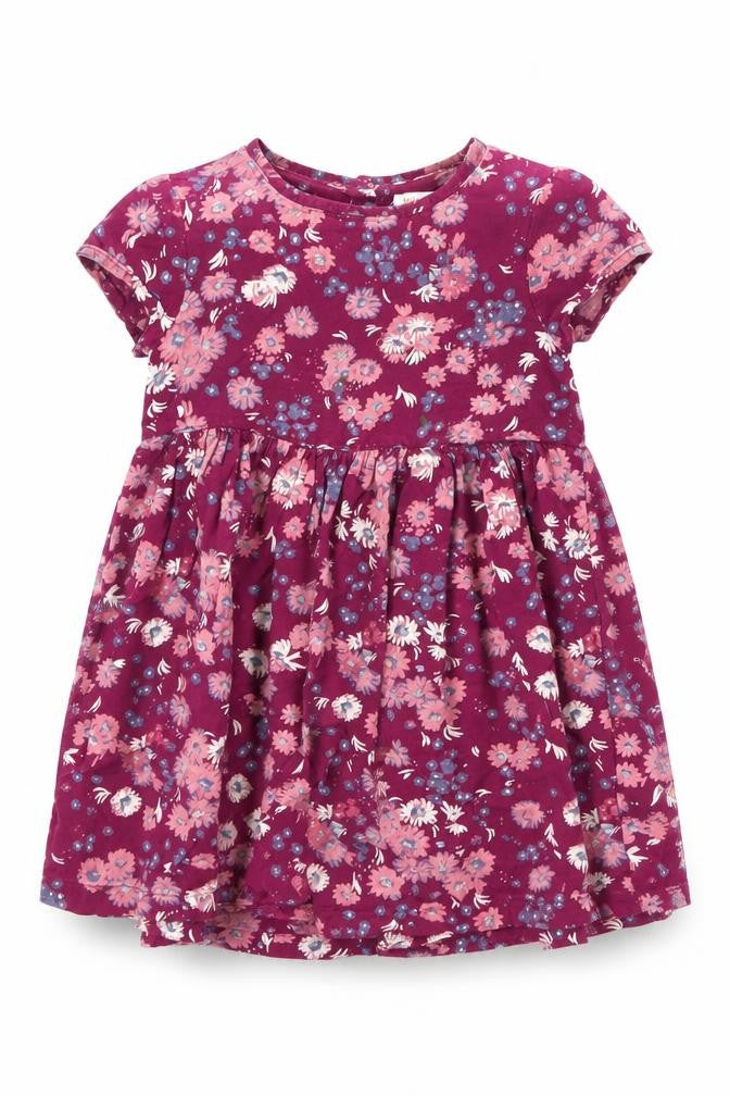 Debenhams Girls Purple Floral Viscose T-Shirt Dress Size 3-4 Years Boat Neck Button