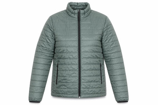 Front view of H&M women’s green quilted jacket, size S, zip