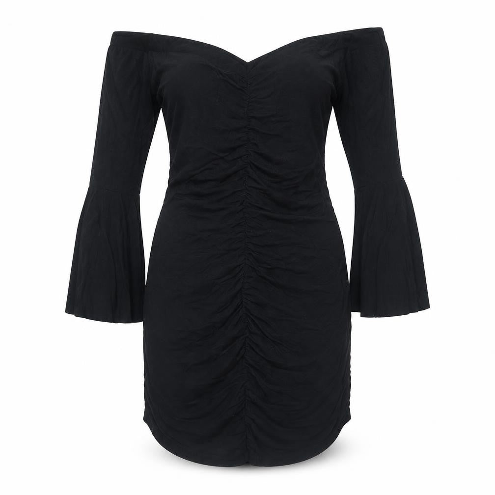 Front view of ASOS women’s black viscose a-line, size UK 12, off the shoulder pullover