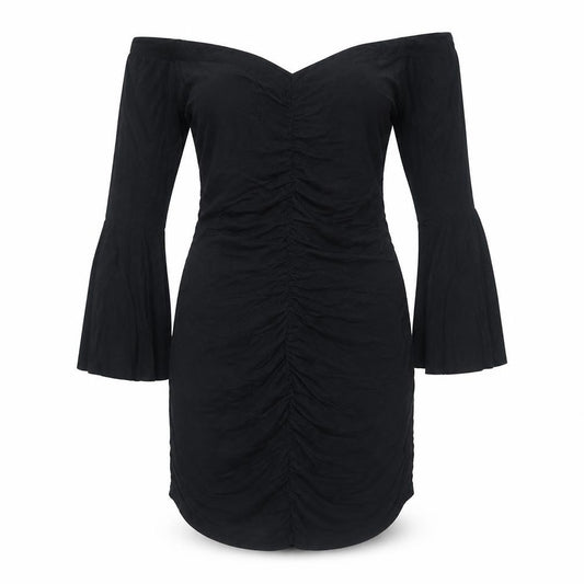 Front view of ASOS women’s black viscose a-line, size UK 12, off the shoulder pullover