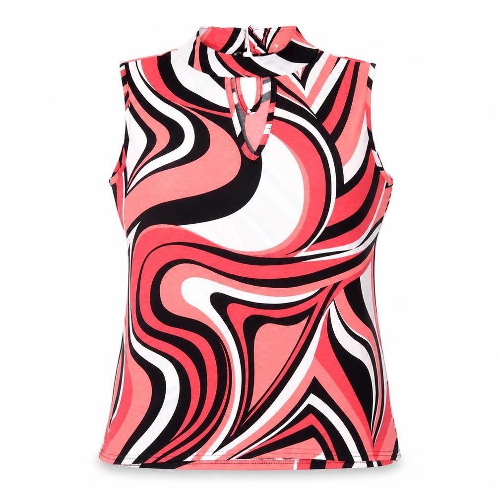 Front view of MARBLE women’s red geometric polyester basic tank, size UK 4, round neck