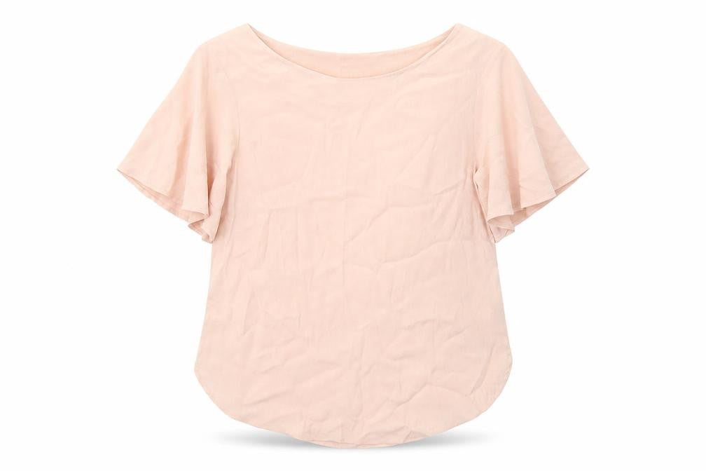 Front view of H&M women’s pink viscose basic t-shirt, size UK 6, boat neck