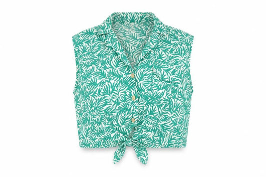 Front view of Topshop women’s green geometric linen cropped button-up, size UK 16, collared - knot front