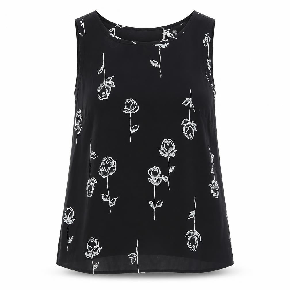 Front view of C&A women’s black floral polyester basic tank, size UK 12, round neck