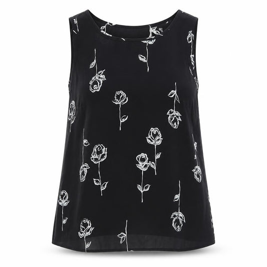 Front view of C&A women’s black floral polyester basic tank, size UK 12, round neck