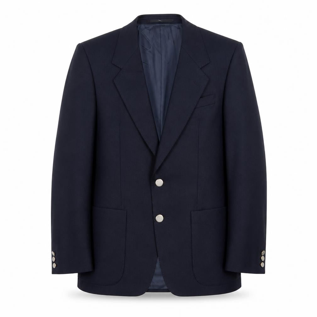 Front view of Chas Macintosh men’s blue wool jacket blazer, size 38, regular