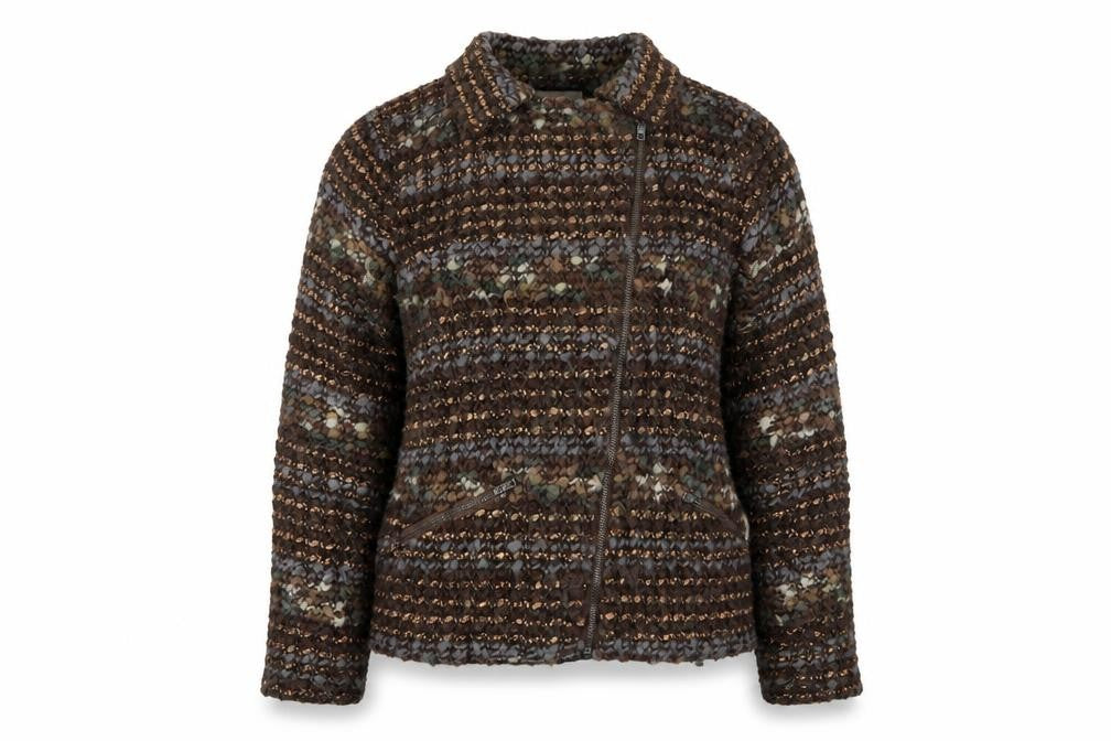 Front view of Gharani Strok women’s brown geometric jacket, size XL, zip