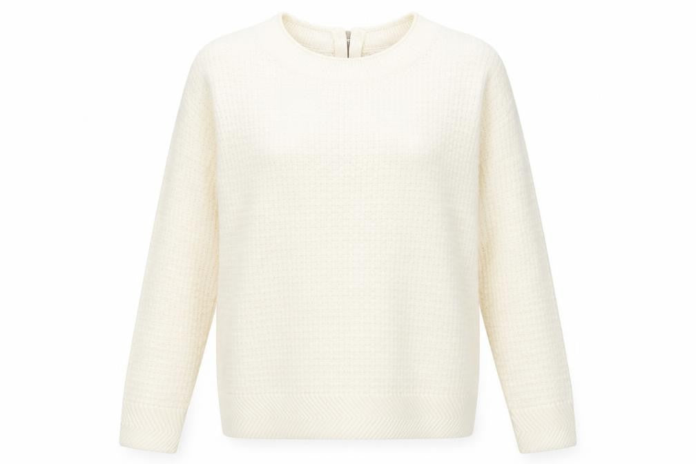Front view of Sfera women’s white round neck acrylic jumper, size M