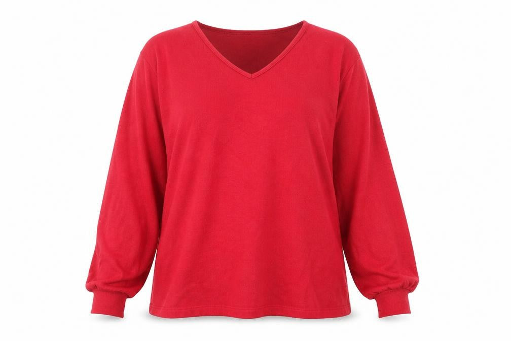 Front view of Marks & Spencer women’s red v-neck viscose jumper, size UK 10