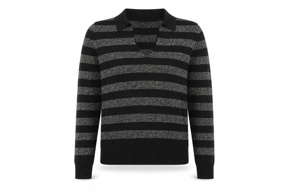 Front view of Marks & Spencer women’s black v-neck striped viscose jumper, size M