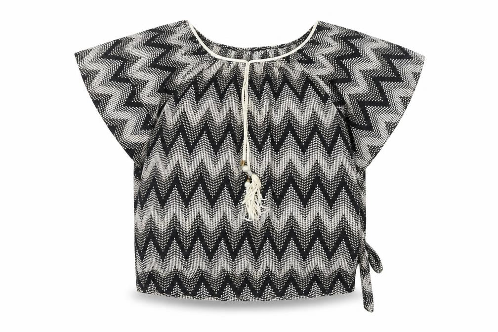 Front view of Blue Vanilla women’s black geometric polyester basic blouse, size S, round neck