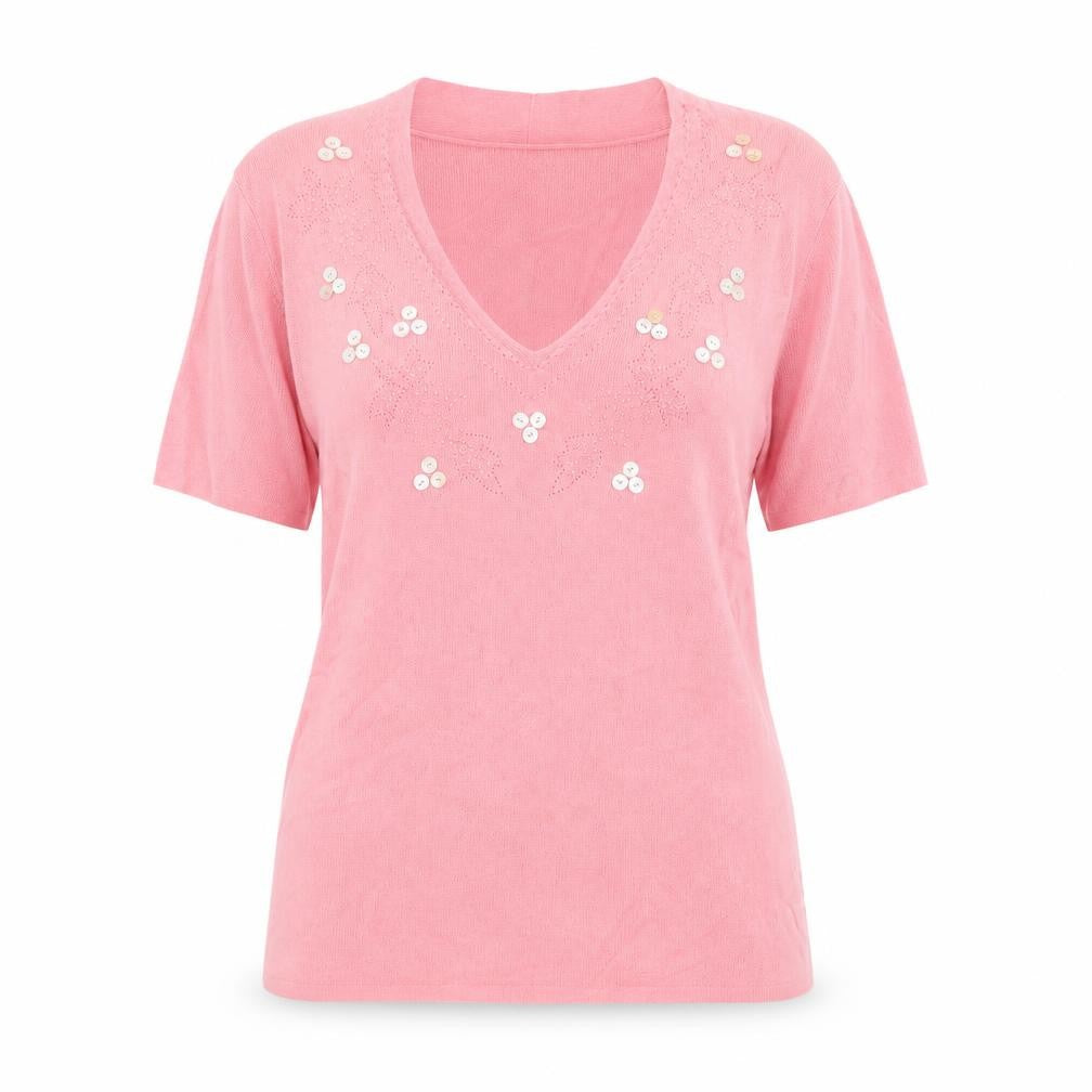 Front view of Laura Scott women’s pink v-neck viscose jumper, size M