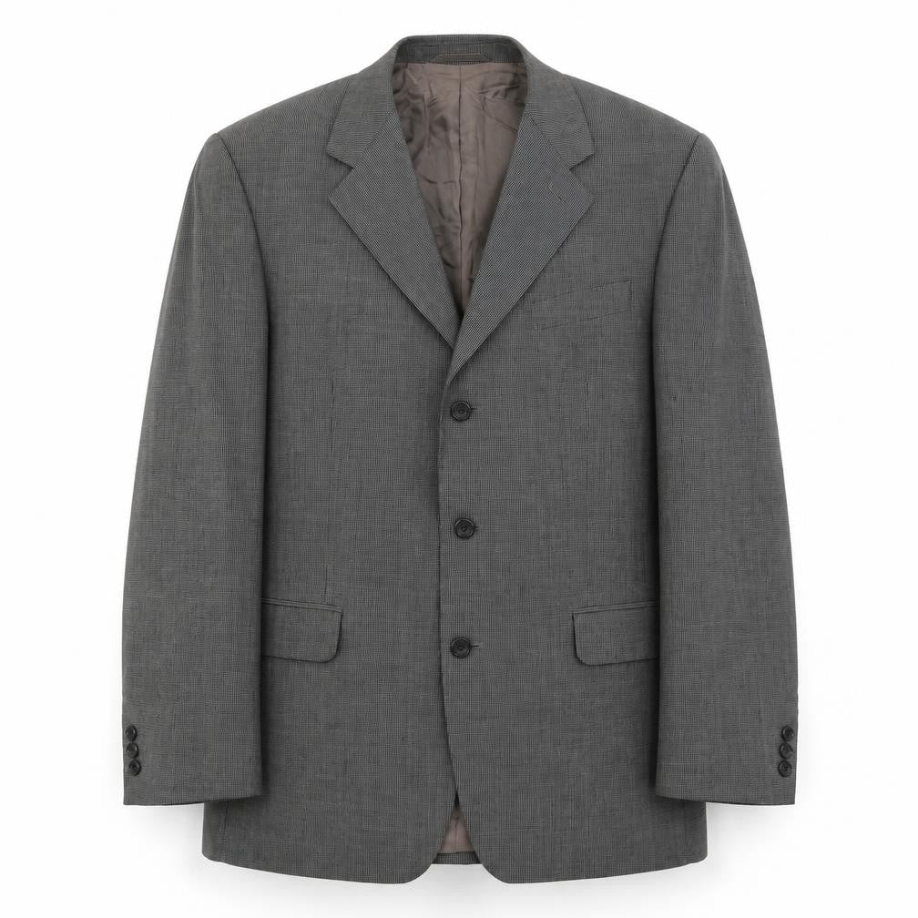 Front view of Burton men’s grey geometric wool jacket suit jacket, size 44, regular