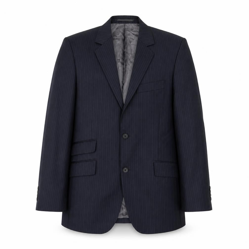 Front view of John Lewis men’s blue striped wool jacket suit jacket, size 38, regular