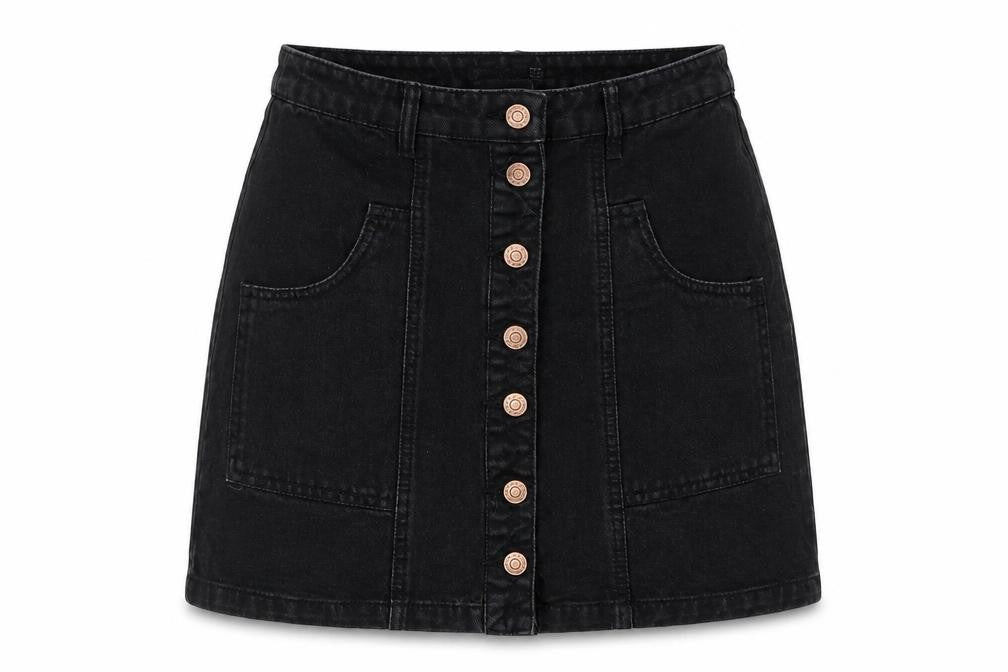 Front view of Stradivarius women’s blue chlorofibre a-line skirt, size UK 10, button