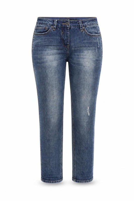 Front view of Next women’s blue cotton capri jeans, size UK 6, regular zip