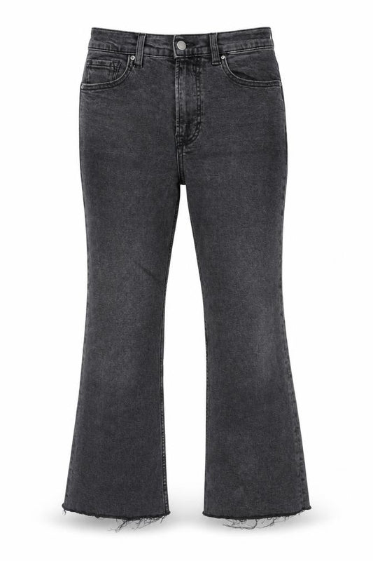 Front view of Mango women’s grey cotton bootcut jeans, size UK 8, regular zip - frayed hem