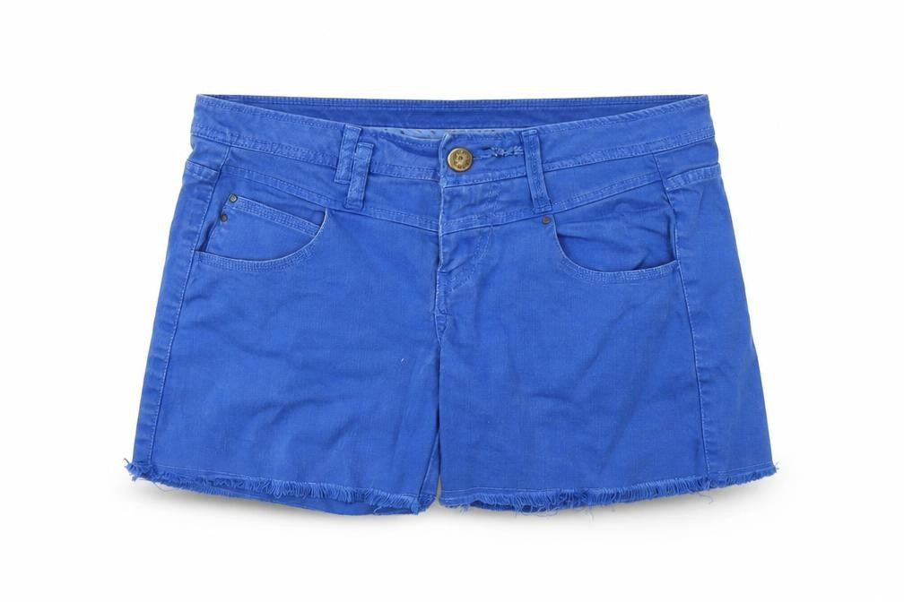 Front view of TRF women’s blue cotton cut-off shorts, size UK 10, regular zip