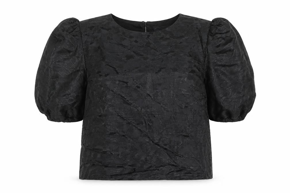 Front view of Marks & Spencer women’s black geometric polyester basic blouse, size UK 18, round neck