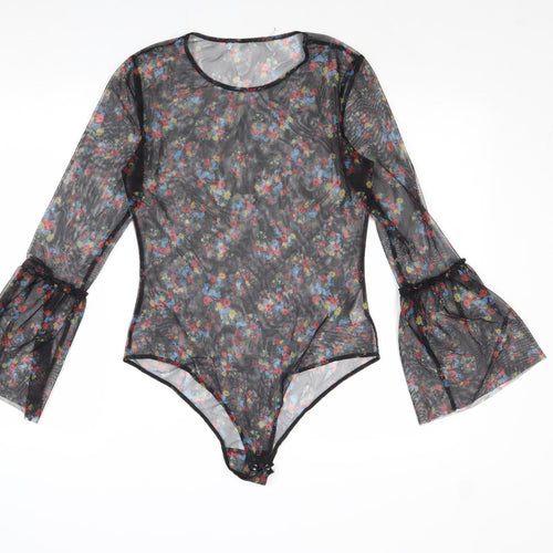 QED London Womens Black Floral Polyester Bodysuit One-Piece Size M Snap - Sheer