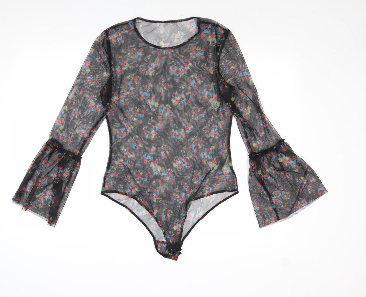 QED London Womens Black Floral Polyester Bodysuit One-Piece Size M Snap - Sheer
