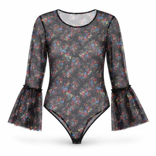 QED London Womens Black Floral Polyester Bodysuit One-Piece Size M Snap - Sheer