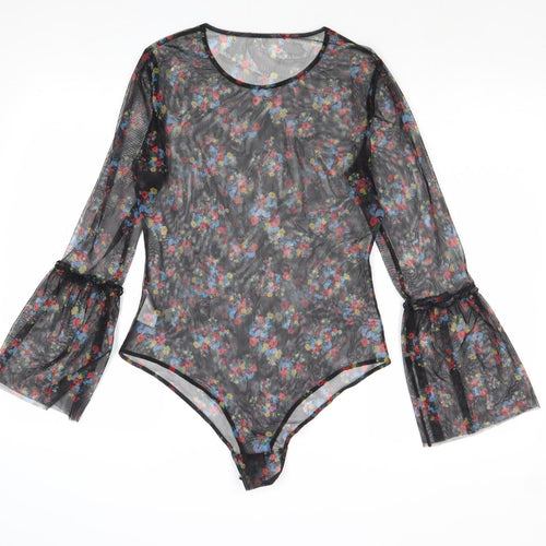 QED London Womens Black Floral Polyester Bodysuit One-Piece Size M Snap - Sheer