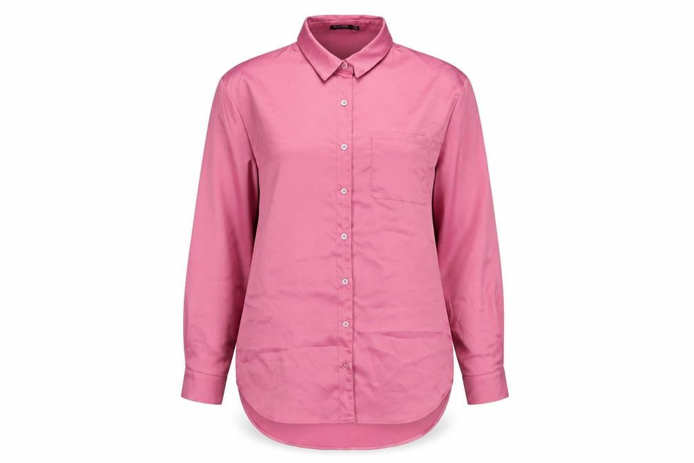 Front view of Nasty Gal women’s pink polyester basic button-up, size UK 10, collared