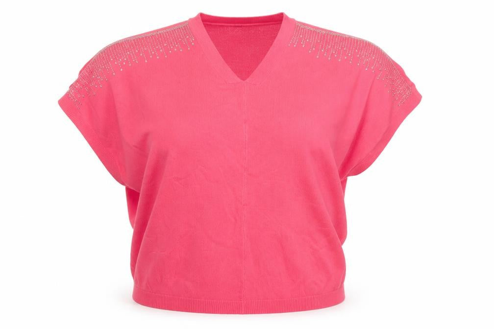 Front view of Bonmarché women’s pink v-neck viscose jumper, size S