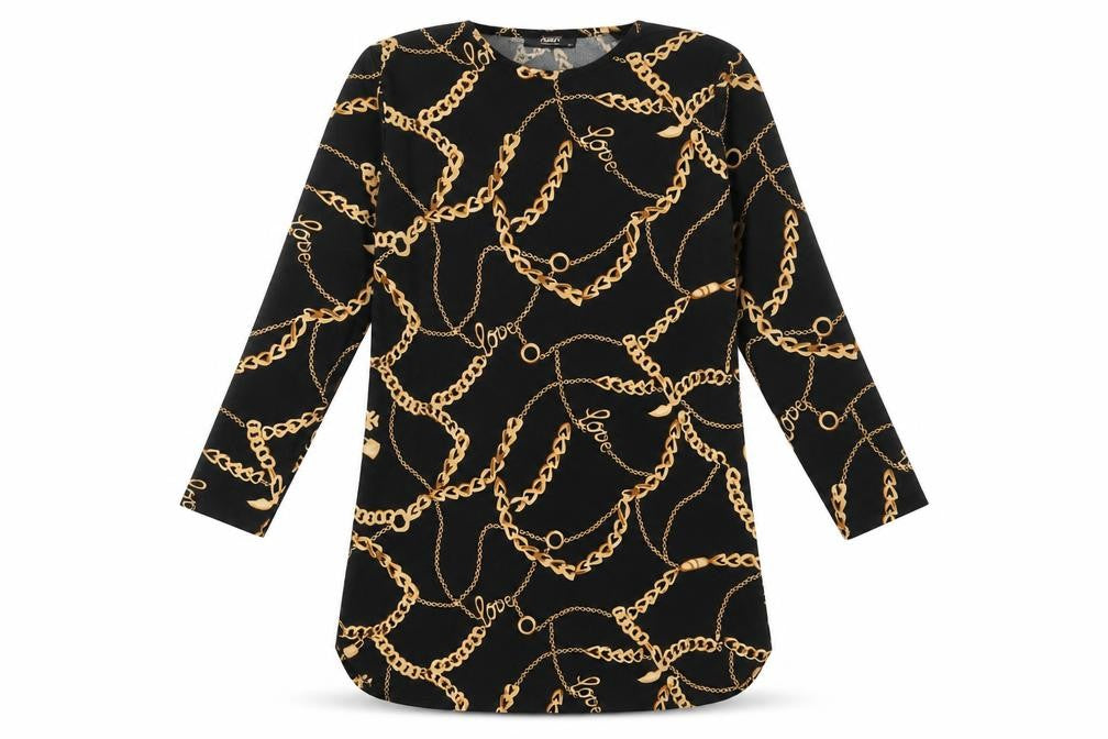 Front view of Addict women’s black geometric polyester a-line, size S, round neck pullover -, size S-m