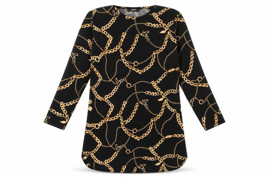 Front view of Addict women’s black geometric polyester a-line, size S, round neck pullover -, size S-m